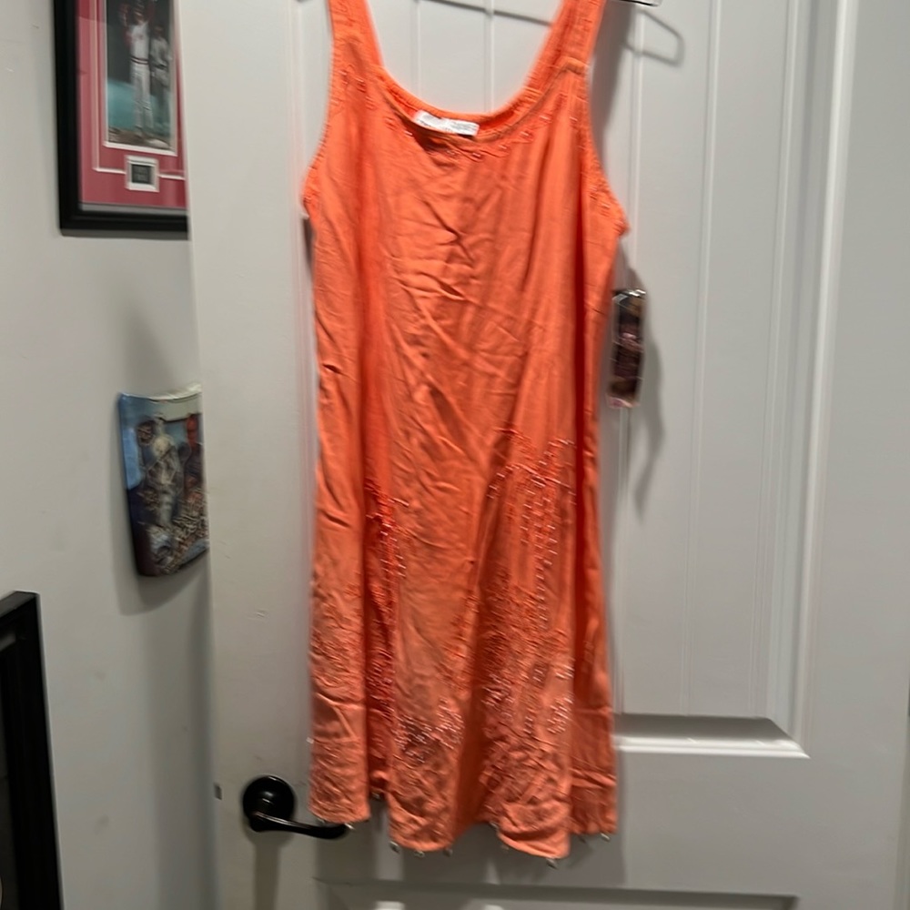Peach boho hippie raya sun dress 👗 large with palm trees, and sequins